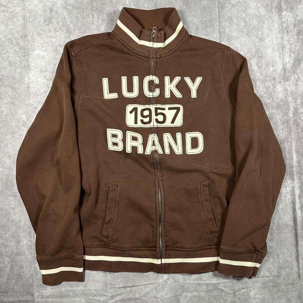 Lucky Brand Vintage Mens XL Full Zip Sweatshirt Brown Varsity 1957 Fleece Jacket